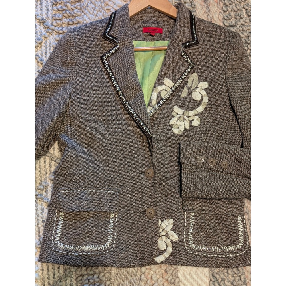 Tokyo Brown Herringbone Wool Silk Blend Embroidered Blazer Jacket Lime Lining M